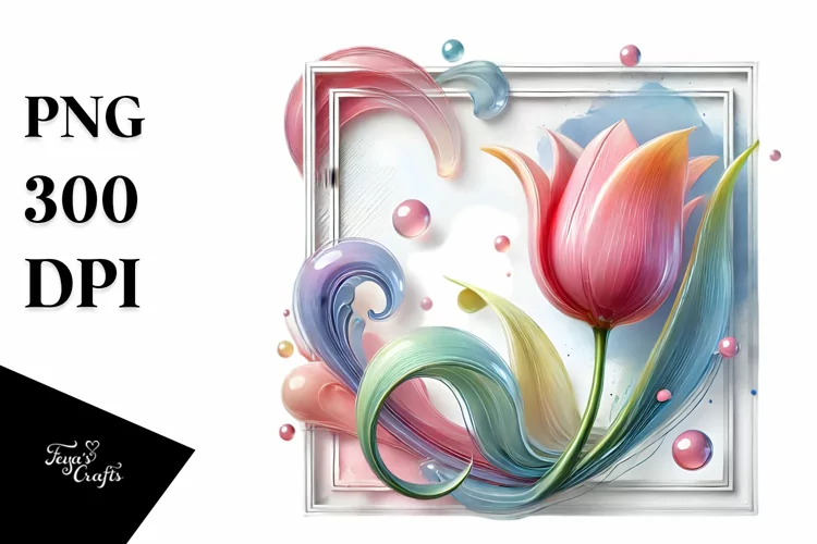 Glossy Tulip with Watercolor Splash, PNG