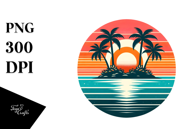 Retro Tropical Island Sunset Clipart, PNG
