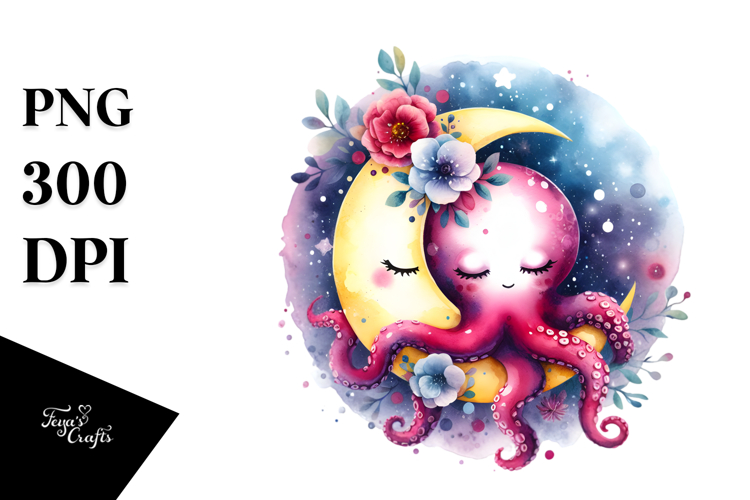 Octopus Moon Flowers Whimsical Clipart