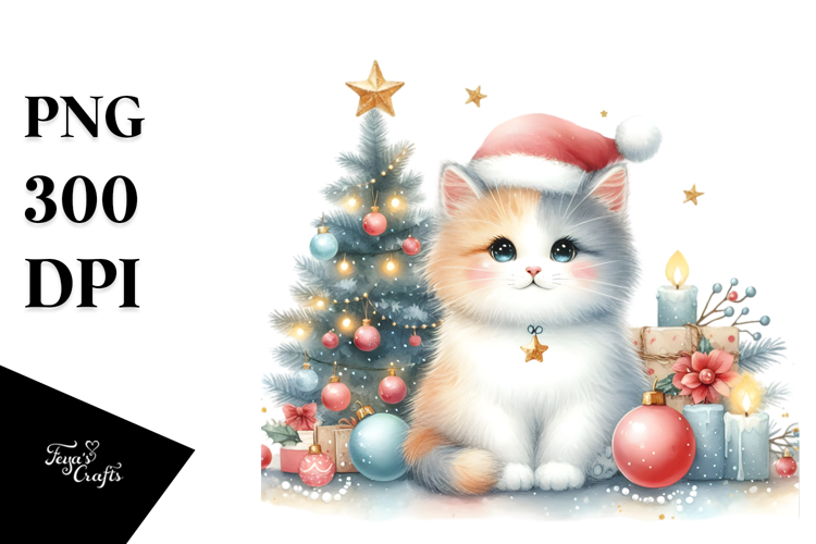 Watercolor Cat with Christmas Decorations PNG
