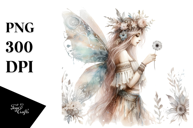 Washed Watercolor Boho Fairy PNG
