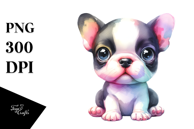 Cute Watercolor Boston Terrier, Colorful PNG