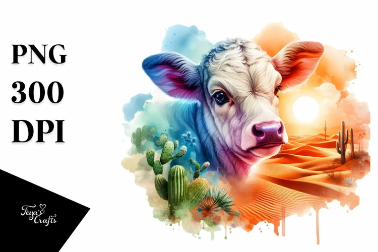 Colorful Baby Cow in Desert Scene PNG
