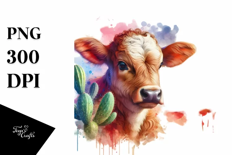Colorful Baby Cow in Desert Scene PNG