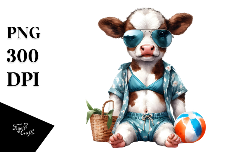 Adorable Baby Cow in Beachwear, PNG