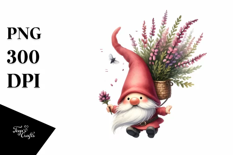Falling Gnome with Heather, Watercolor PNG
