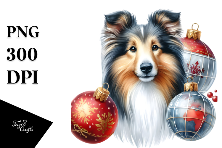 Cute Collie with Christmas Globes PNG