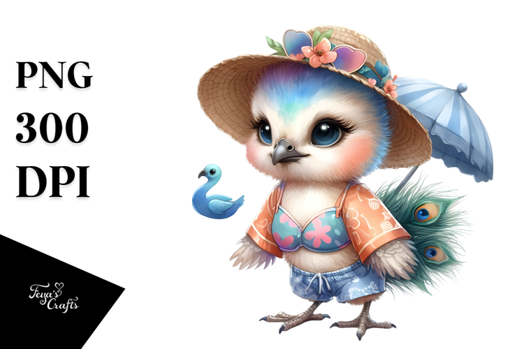 Cute Baby Peacock in Beachwear, Digital Watercolor PNG