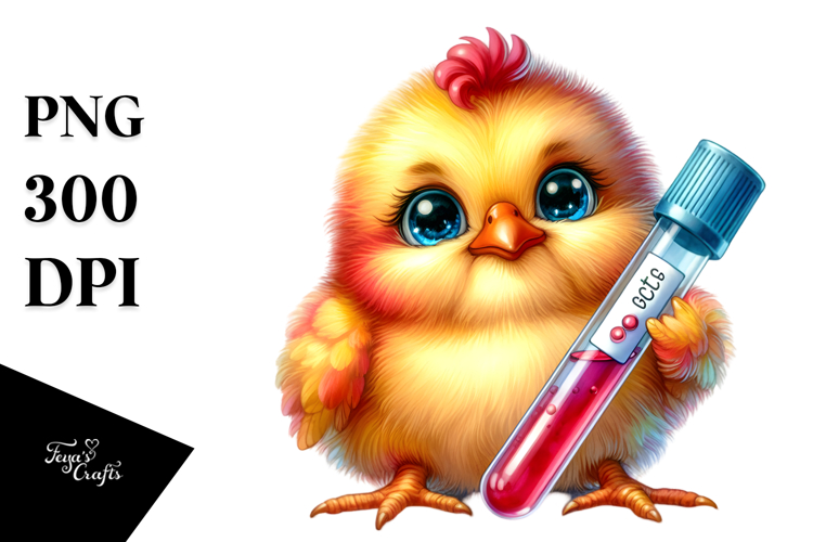Baby Chicken with Test Tube, Vibrant Watercolor PNG