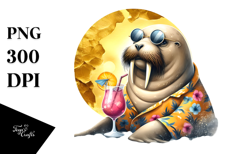 Watercolor Funky Walrus with Cocktail PNG example image 1