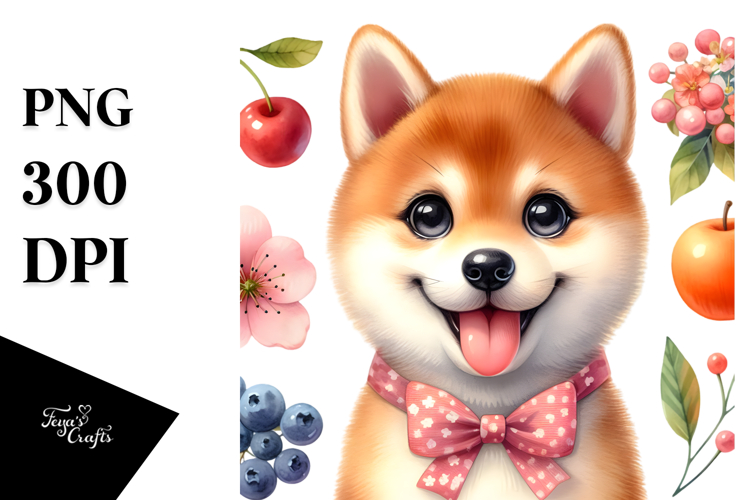 Cute Shiba Inu with Big Eyes, Watercolor PNG example image 1
