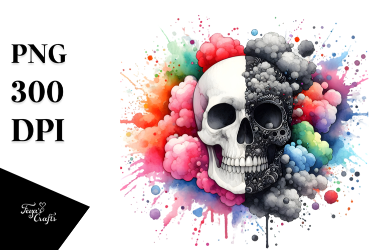 Colorful Skull Painting with Splashes, PNG