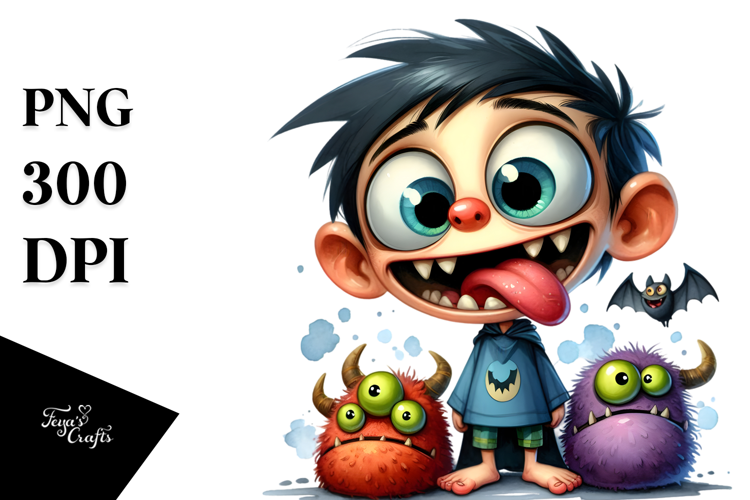 Goofy Bat Boy Watercolor PNG