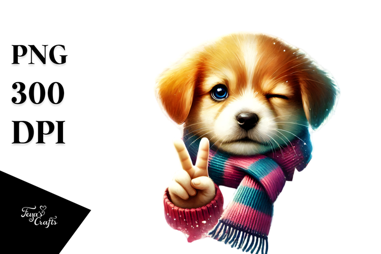 Watercolor Puppy Winking with Victory Sign