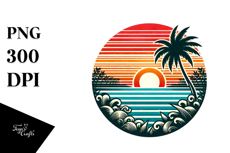 Retro Tropical Beach Sunset PNG