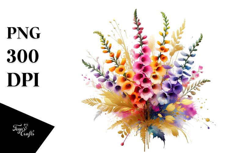 Vibrant Bouquet with Colorfull Foxglove | Gold Foil Clipart