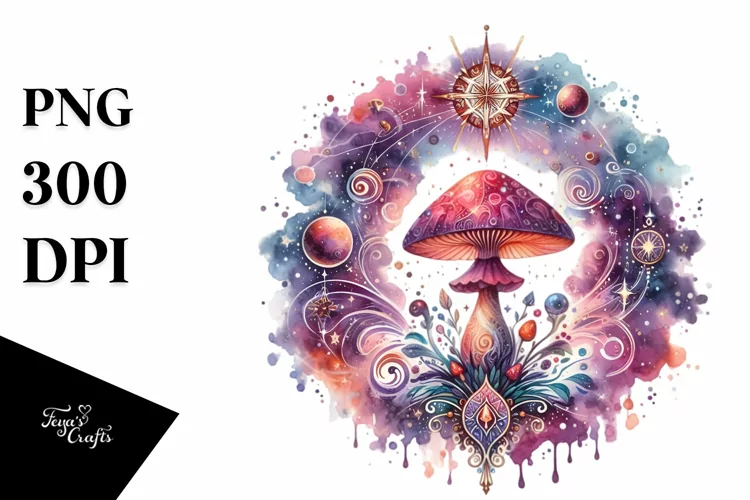 Celestial Mushroom in Colorful Watercolor