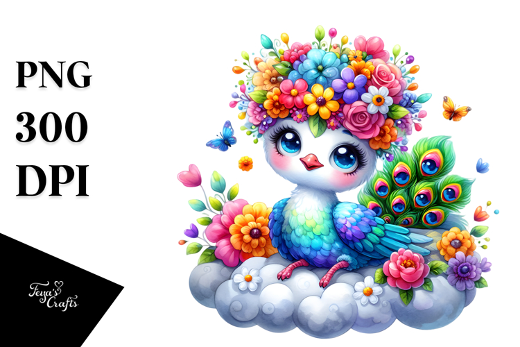 Colorful Peacock with Flower Crown PNG