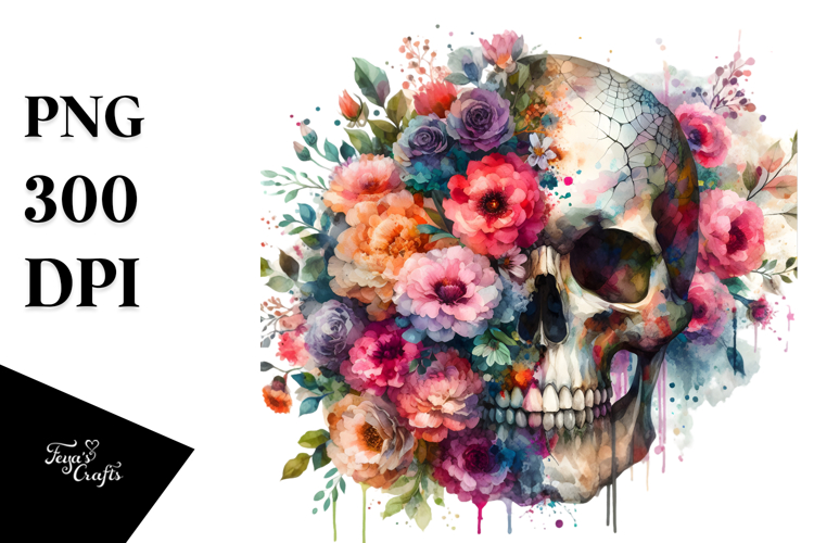 Colorful Skull Painting with Grungy Flowers, PNG