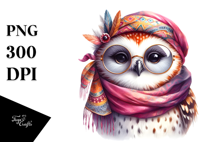 Vibrant Owl Portrait, Watercolor PNG