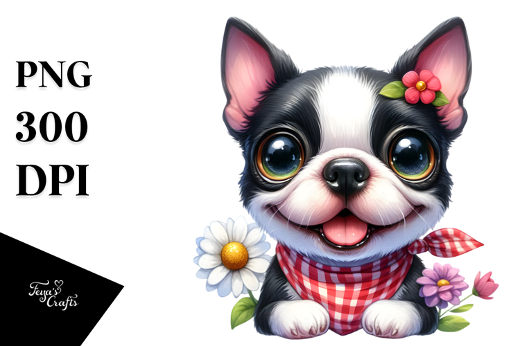 Cute Boston Terrier, Watercolor PNG
