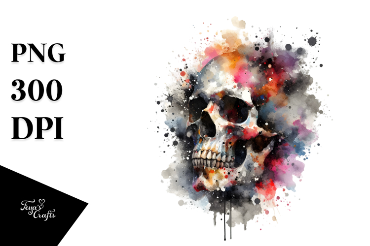 Colorful Skull Painting with Splashes, PNG