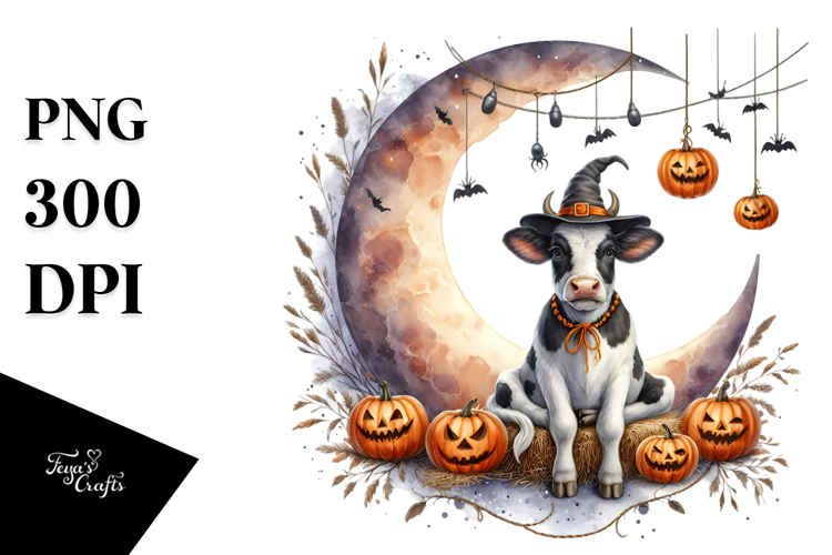 Cow Dressed for Halloween on Half Moon PNG