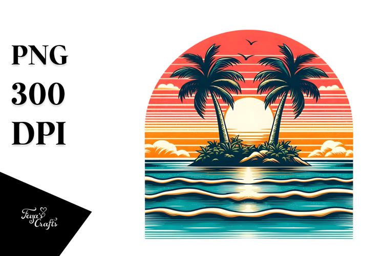 Retro Tropical Island Sunset PNG