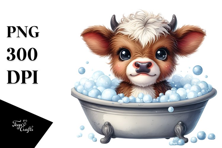 Baby Highland Cow in Watercolor, PNG