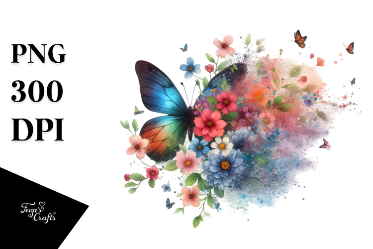 Colorful Butterfly Painting with Spring Flowers, PNG