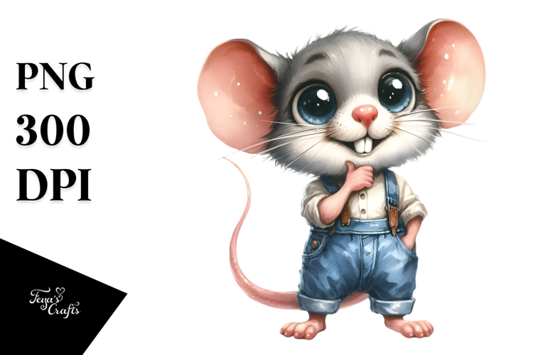 Watercolor Mouse Big Eyes, Farm Jeans Standing Clipart