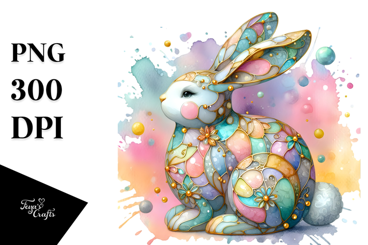 Colorful Bunny with Golden Insertions on Splashy Background,