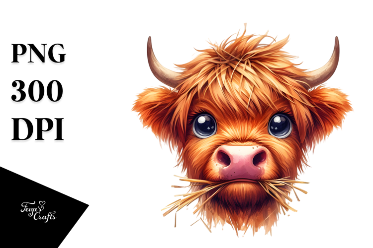 Highland Cow with Cool Hair and Hay Straw, PNG
