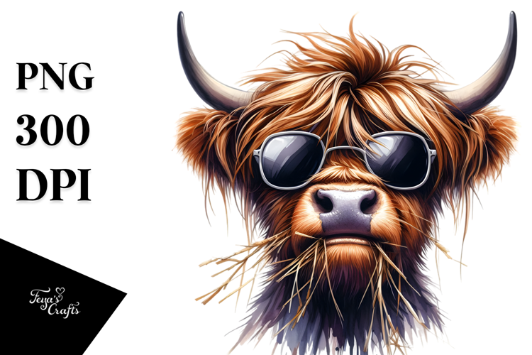 Highland Cow with Cool Hair and Hay Straw, PNG