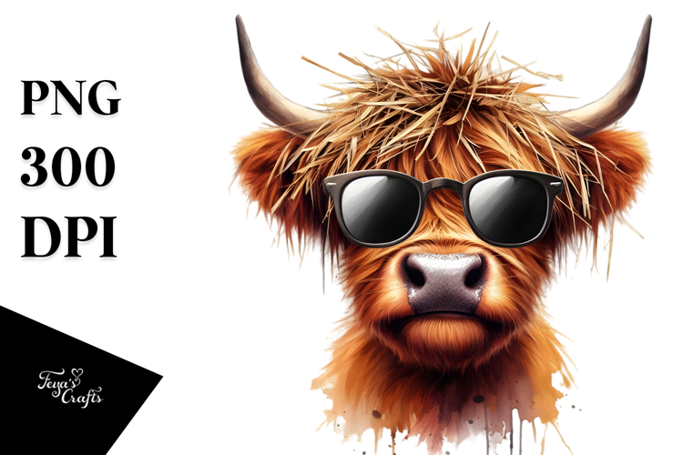 Highland Cow with Cool Hair and Hay Straw, PNG