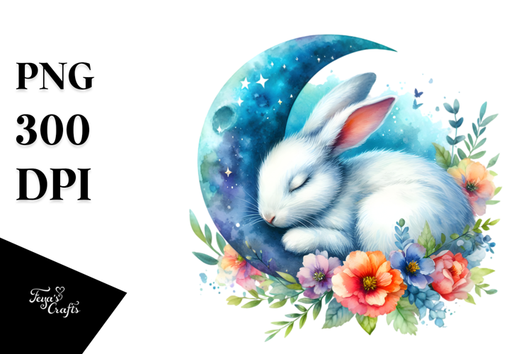 Watercolor Rabbit Moon Flowers