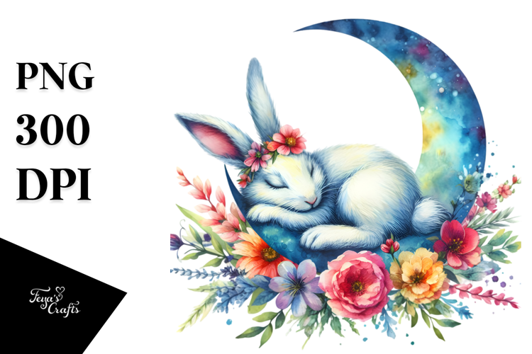 Watercolor Rabbit Moon Flowers