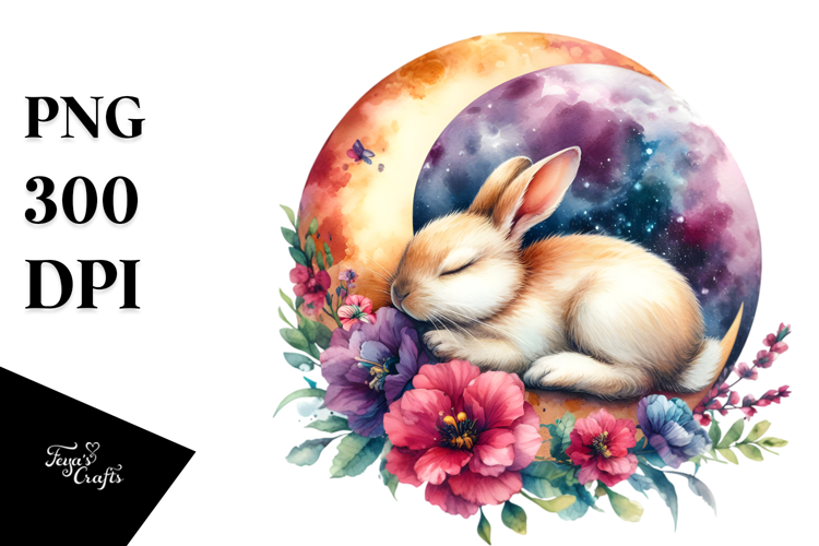 Watercolor Rabbit Moon Flowers
