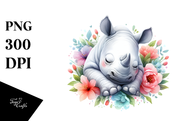 Watercolor Cute Baby Rhino Sleeping