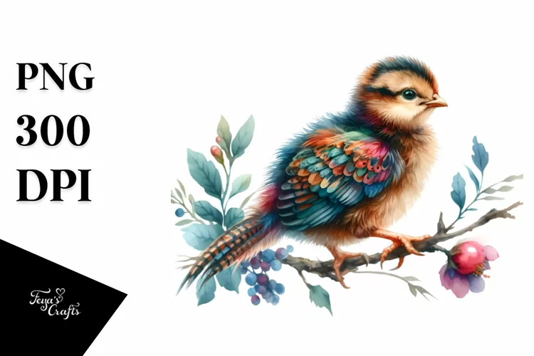 Vibrant Watercolor Baby Pheasant Branch