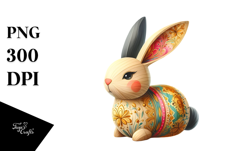 Colorful Wooden Bunny with Golden Insertions, PNG