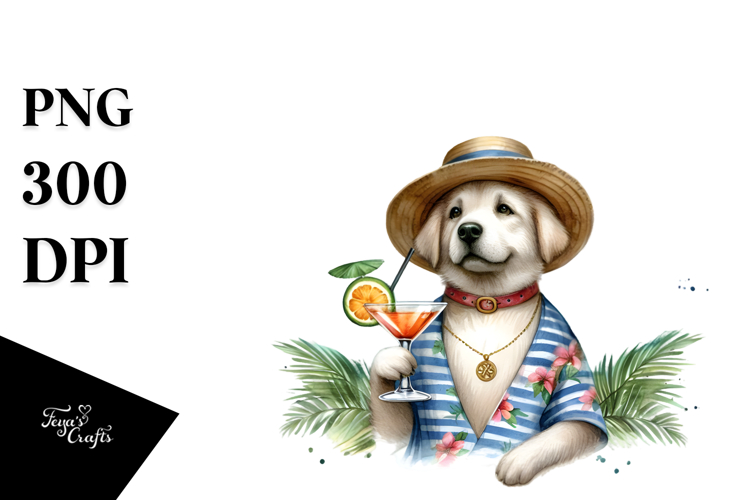Dog with Beachwear Drinking Cocktail PNG