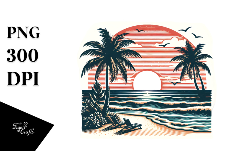 Vintage Tropical Beach Sunset PNG
