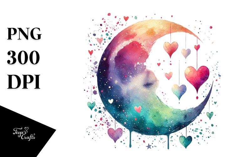 Colorful Moon with Hanging Hearts PNG