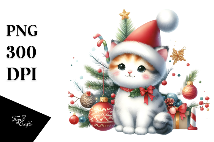 Watercolor Cat with Christmas Decorations, Transparent PNG