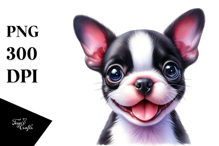 Cute Boston Terrier Dog with Big Eyes, PNG example image 1