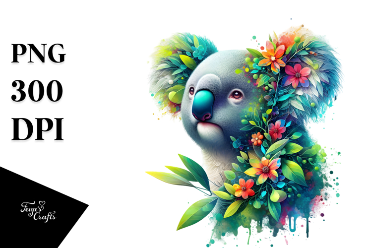 Vibrant Koala with Flowers PNG