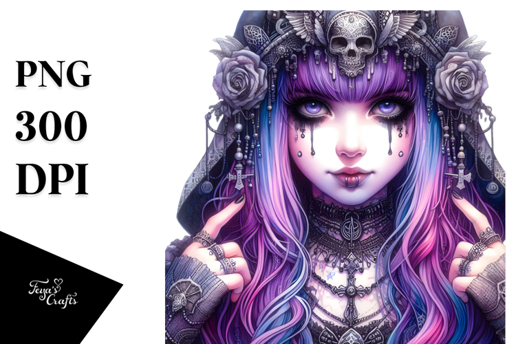 Detailed Watercolor Gothic Girl PNG