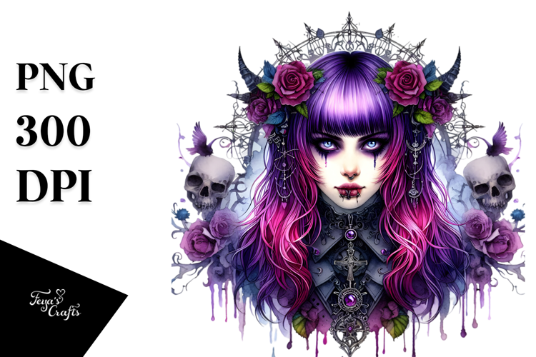 Detailed Watercolor Gothic Girl PNG
