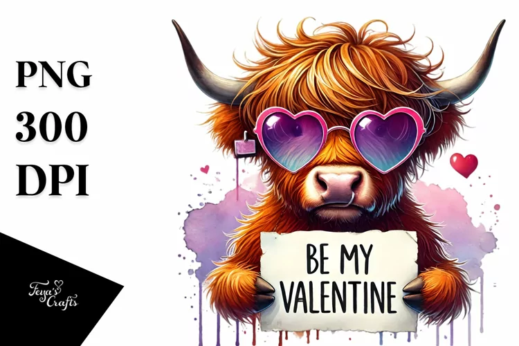 Highland Calf with Be My Valentine Sign, PNG